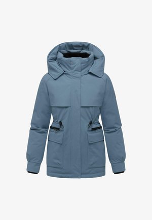 Niebieska kurtka ocieplająca z dużym kapturem, wieloma przednimi kieszeniami z zamkami błyskawicznymi oraz gładką powierzchnią.