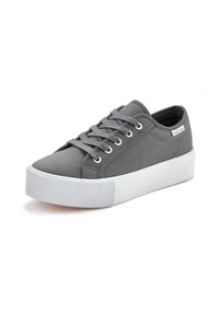 Gray canvas sneaker with white rubber sole, six eyelets, and lace-up design; features a textured upper and small brand label on the side.