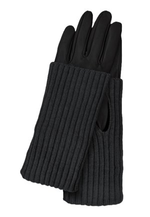 Black leather gloves with wide, ribbed knit cuffs extending beyond the wrist, displayed flat and overlapping on a white background.