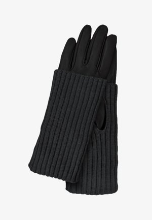 Black leather gloves with wide, ribbed knit cuffs extending beyond the wrist, displayed flat and overlapping on a white background.