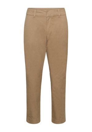 Pantalons beiges en tissu doux, avec une coupe droite, une taille standard et sans motifs ni embellissements visibles.