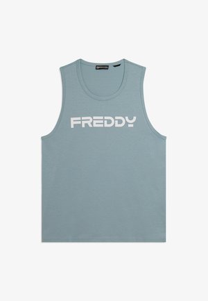 Canottiera azzurro chiaro senza maniche con scritta bianca "FREDDY" sul petto e scollo rotondo.