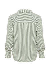 Blusa a righe con colletto, caratterizzata da righe verticali verdi e bianche, maniche lunghe con polsini arrotolabili e vestibilità rilassata sul retro.