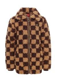 Bruine en beige geruite fleece jas met een ritssluiting aan de voorkant, een kraag en een klein logo op de borst. Zachte, gestructureerde stof.