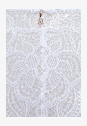 White lace fabric featuring floral and geometric patterns, with a smooth texture. A small pearl and crystal accent are attached.
