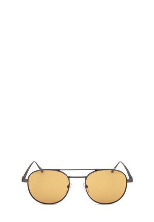 Occhiali da sole con montatura in metallo, lenti ovali color ambra e naselli regolabili, mostrati frontalmente su uno sfondo bianco.