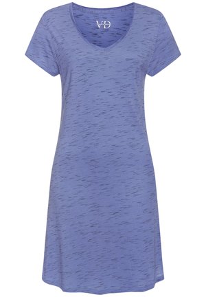 Hellviolettes Kurzarmkleid mit dezenten dunkleren Streifen, V-Ausschnitt und lockerem Sitz.