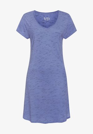 Hellviolettes Kurzarmkleid mit dezenten dunkleren Streifen, V-Ausschnitt und lockerem Sitz.