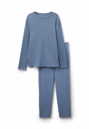 Blaues rippiertes Langarmoberteil mit lockerer Passform und Rundhalsausschnitt, kombiniert mit passenden gerippten Leggings, die beide eine weiche Textur aufweisen.