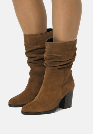 Bottes de cheville en daim marron avec un design flou, un bout pointu et un talon empilé. La texture semble douce et souple.