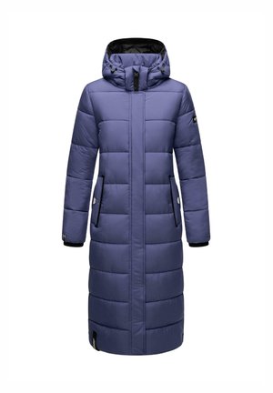 Pikk, isoleeritud mantel helesinisest purpurist, millel on kapuuts, tikitud disain, kaks küljetaskut ja mustad tõmblukud. Veekindel materjal.