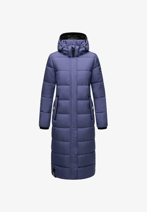 Pikk, isoleeritud mantel helesinisest purpurist, millel on kapuuts, tikitud disain, kaks küljetaskut ja mustad tõmblukud. Veekindel materjal.