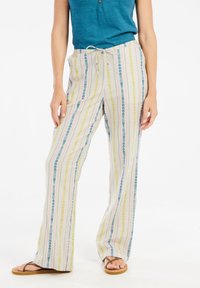 Lichte, gestreepte broek met blauwe, gele en groene patronen op een crèmekleurige achtergrond. Heeft een trekkoord in de taille en wijd uitlopende benen.
