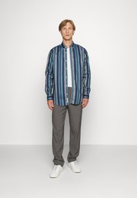 Modra in zelena prugasta srajca s kragnico, v kombinaciji s sivo obleko in belimi supergami. Preprost dizajn, bombažni material, sproščen kroj.