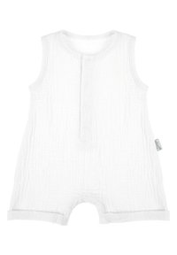 Biały, bezrękawnikowy kombinezon wykonany z teksturowanej tkaniny muślinowej. Posiada listwę z guzikami oraz zatrzaski na dole, ułatwiające ubieranie.
