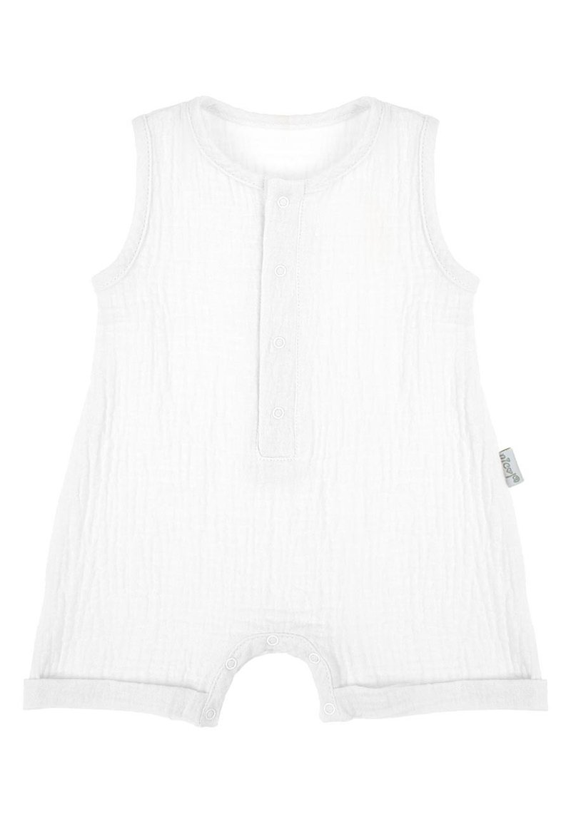 Biały, bezrękawnikowy kombinezon wykonany z teksturowanej tkaniny muślinowej. Posiada listwę z guzikami oraz zatrzaski na dole, ułatwiające ubieranie.