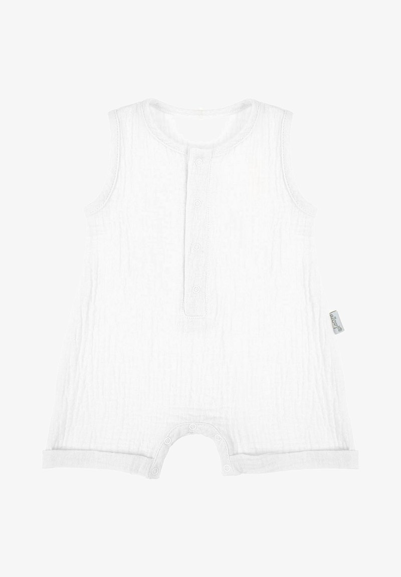 Biały, bezrękawnikowy kombinezon wykonany z teksturowanej tkaniny muślinowej. Posiada listwę z guzikami oraz zatrzaski na dole, ułatwiające ubieranie.