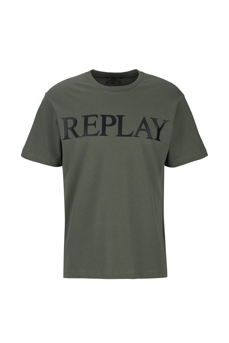 Olivenfarbener Baumwoll-T-Shirt mit großem schwarzen "REPLAY"-Logo auf der Brust. Kurze Ärmel und klassischer Rundhalsausschnitt.