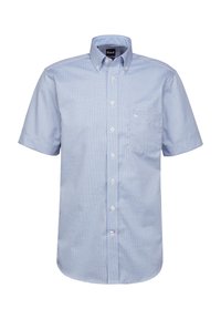 Camicia a maniche corte con bottoni in blu chiaro e motivo a quadretti bianchi, dotata di taschino sul lato sinistro del petto e un design con colletto classico.