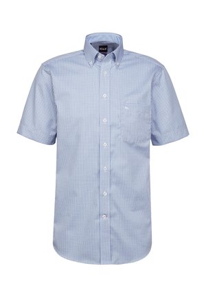 Chemise à manches courtes en motif vichy bleu clair et blanc, avec une poche sur la poitrine gauche et un design de col classique.