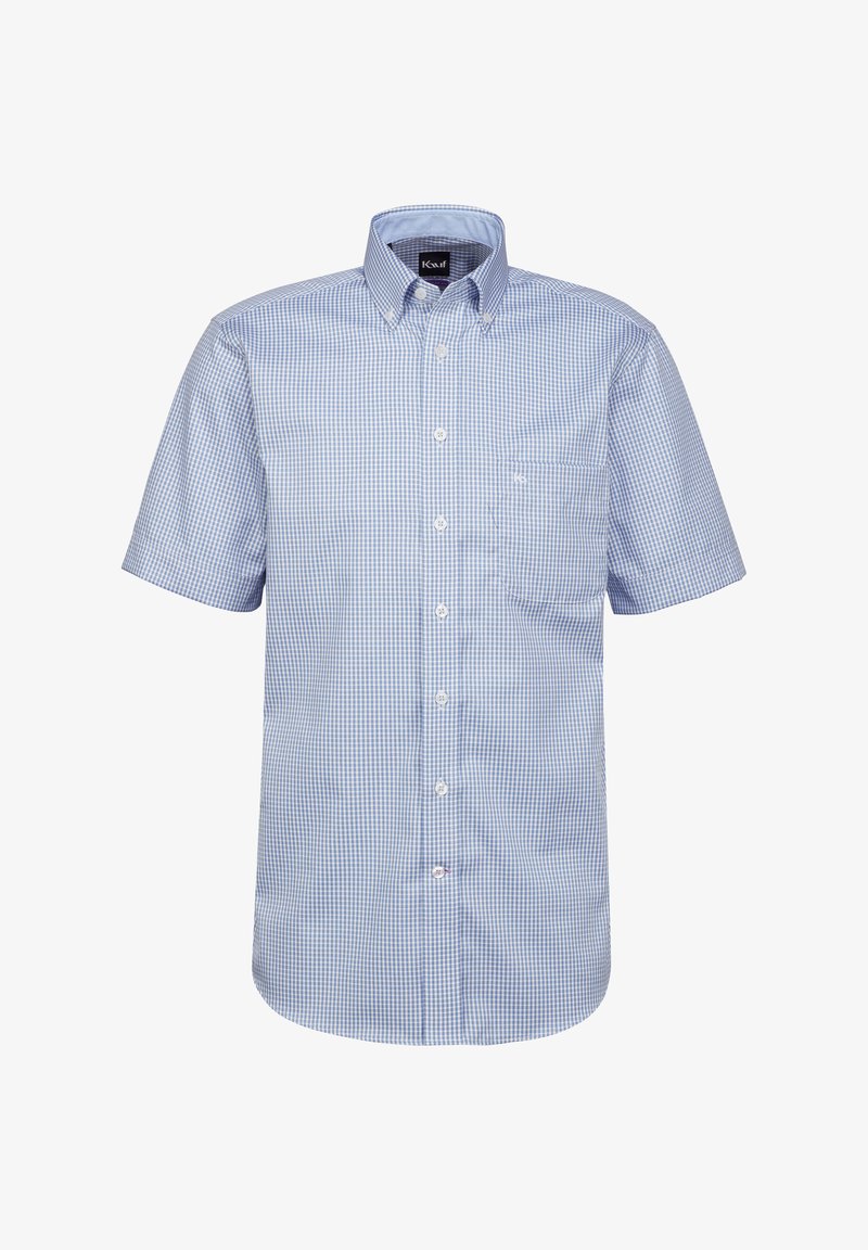 Camicia a maniche corte con bottoni in blu chiaro e motivo a quadretti bianchi, dotata di taschino sul lato sinistro del petto e un design con colletto classico.