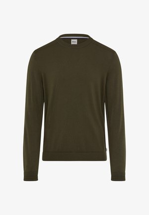 Maglione lungo verde oliva a maniche lunghe con collo a giro, vestibilità slim, polsini e orlo a costine, texture morbida e branding minimale sul colletto.