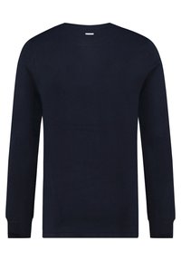 Marineblauer Longsleeve-Pullover mit Rundhalsausschnitt, gerippten Bündchen und glatter Textur. Keine Muster oder Verzierungen sichtbar.