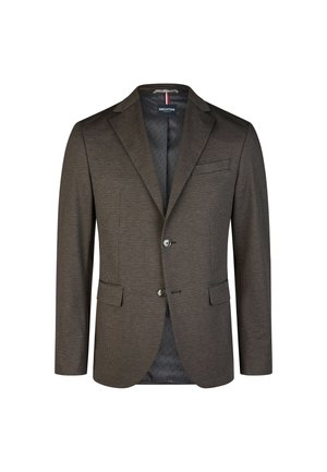 Einreihiger dunkelbrauner Herrenblazer mit Notch-Revers, zwei Knöpfen, vorderen Klappentaschen und Brustleistentasche, auf weißem Hintergrund dargestellt.