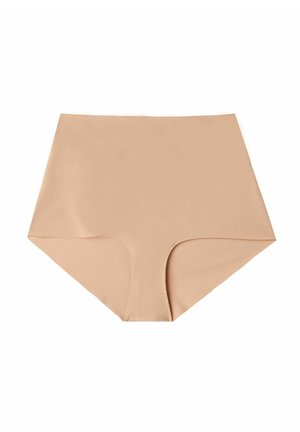 Vysoké béžové kalhotky vyrobené z hladké látky. Mají čistý design bez švů a široký pás pro pohodlí.