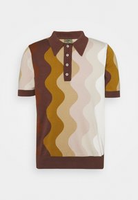 Pánská polokošile s krátkým rukávem a knoflíkovou légu, s vlnitými pruhy v hnědé, hořčičné, béžové, krémové a bílé barvě.