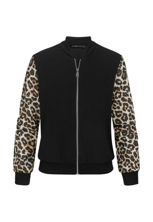 Veste bomber noire avec des manches en imprimé léopard, poignets et col côtelés, fermeture éclair sur le devant et texture de tissu douce.