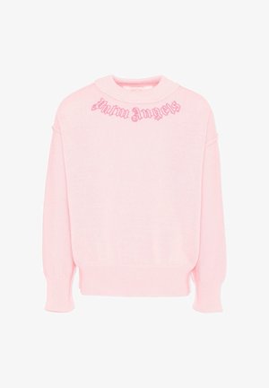 Maglione a maglia rosa chiaro con maniche lunghe e polsini a coste, con la scritta "Palm Angels" ricamata in rosa coordinato sul petto vicino al colletto.