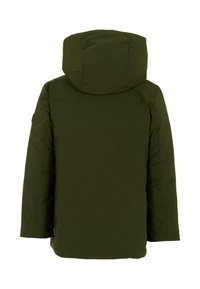 Giacca imbottita verde con cappuccio, caratterizzata da una texture liscia e un taglio dritto. Nessuna hardware visibile o motivi sul retro.