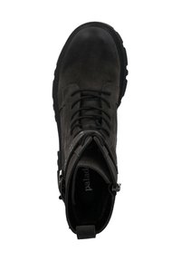 Botas de cuero negro hasta el tobillo con punta redonda, parte superior texturizada, diseño con cordones y suela de goma duradera. Presenta una correa y herrajes de metal.