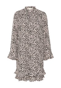 Leopardi-kuosiset mekko pehmeästä kankaasta, jossa on korkea kaulus, levenevät hihat ja röyhelöhelma. Väriteemassa on beigen, mustan ja hennon vaaleanpunaisen sävyjä.