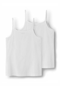 Två vita, ärmlösa linnen gjorda av mjuk bomull. De har tunna band, en slät yta och rund halsringning.