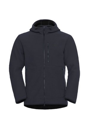 Dunkelgraue Fleecejacke mit Kapuze, Reißverschluss vorne, gerippter Struktur und zwei seitlichen Taschen. Verfügt über ein kleines Logo auf der oberen linken Seite.