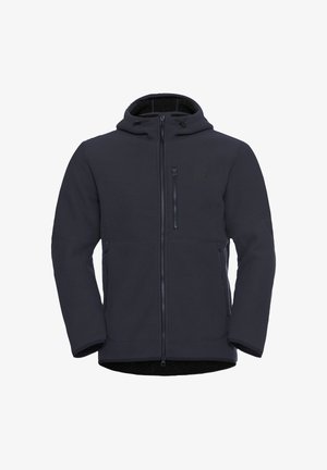 Dunkelgraue Fleecejacke mit Kapuze, Reißverschluss vorne, gerippter Struktur und zwei seitlichen Taschen. Verfügt über ein kleines Logo auf der oberen linken Seite.