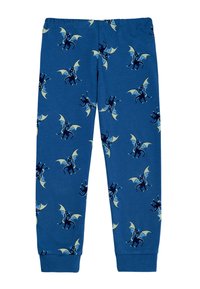 Blaue Baumwollpyjamas mit einem wiederholten Muster von geflügelten Kreaturen in verschiedenen Posen. Elastischer Bund mit eng anliegenden Bündchen an den Knöcheln.