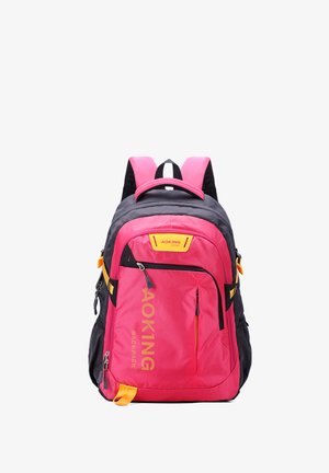 Zaino Aoking rosa e nero con molteplici scomparti con zip e spallacci imbottiti, progettato per l'uso quotidiano.