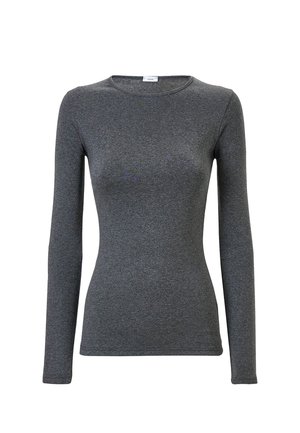 Maglietta grigia a maniche lunghe realizzata in un tessuto liscio e elasticizzato. Presenta un collo rotondo e una silhouette aderente, con cuciture minime per il massimo comfort.