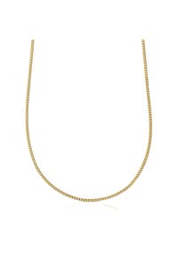 Collar de cadena de oro que presenta un diseño de eslabones redondos y suaves. Delgado y flexible, tiene un acabado brillante y sutiles reflejos.