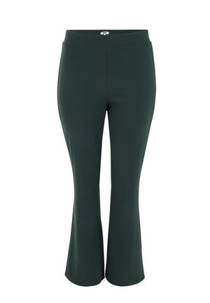 Green flared pants made from a stretchy fabric, featuring a wide waistband and a smooth texture, designed for comfort and flexibility.