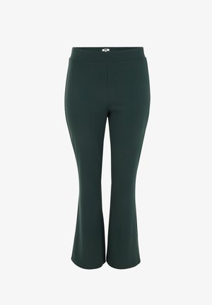 Pantalon évasé vert en tissu extensible, doté d'une taille large et d'une texture lisse, conçu pour le confort et la flexibilité.