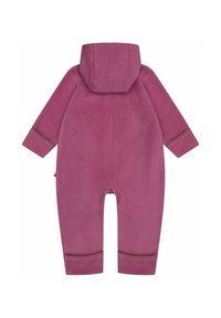 Fleece overall in zacht mauve met een capuchon, lange mouwen en boorden. Voorzien van een rits aan de achterkant en contrasterende stiksels.
