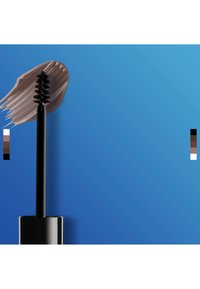 Black mascara wand with light brown mascara swatch on blue background and two vertical strips of different brown skin tones.