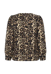 Leopard print blouse in beige and black, featuring puffed sleeves, buttoned cuffs, and a keyhole back neck detail. Soft fabric texture.