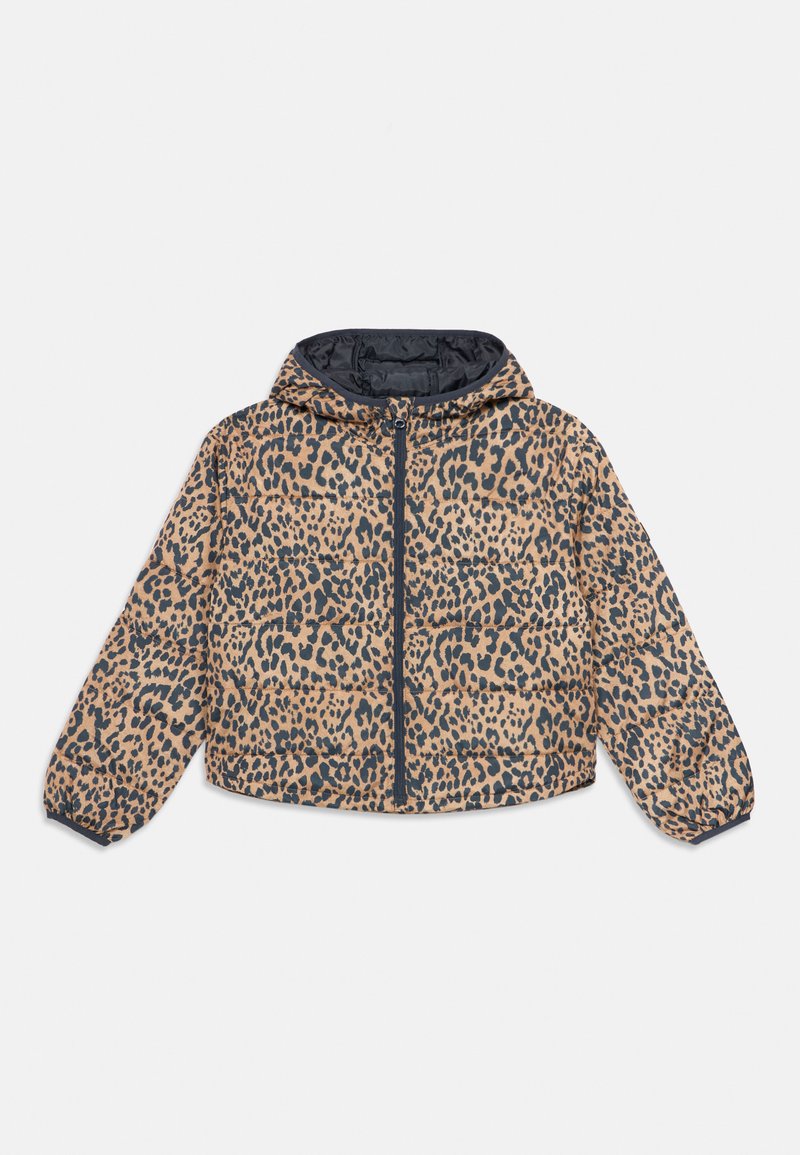 Kissanpuku kuvioitu puffer-takki hupparilla, jossa on vetoketjukiinnitys, joustavat hihansuut ja kevyt muotoilu ruskean ja mustan värin yhdistelmänä.