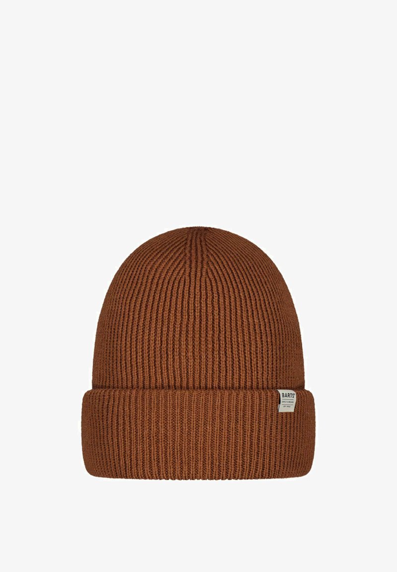 Knit brown beanie with a ribbed texture, featuring a folded cuff and a small tag on the side. Material appears soft and flexible.