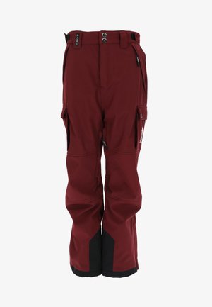 Burgunderrote Skihose mit geradem Schnitt, verstellbarem Bund, cargotaschen und schwarzen Akzenten an den Bündchen für Haltbarkeit und Wärme.